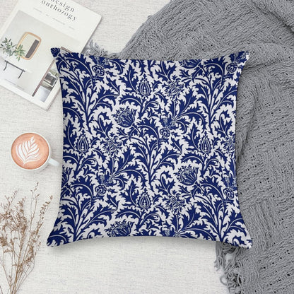 William Morris Thistle Damask, Navy Blue And White Soft Reinforced Edging Throw Pillow