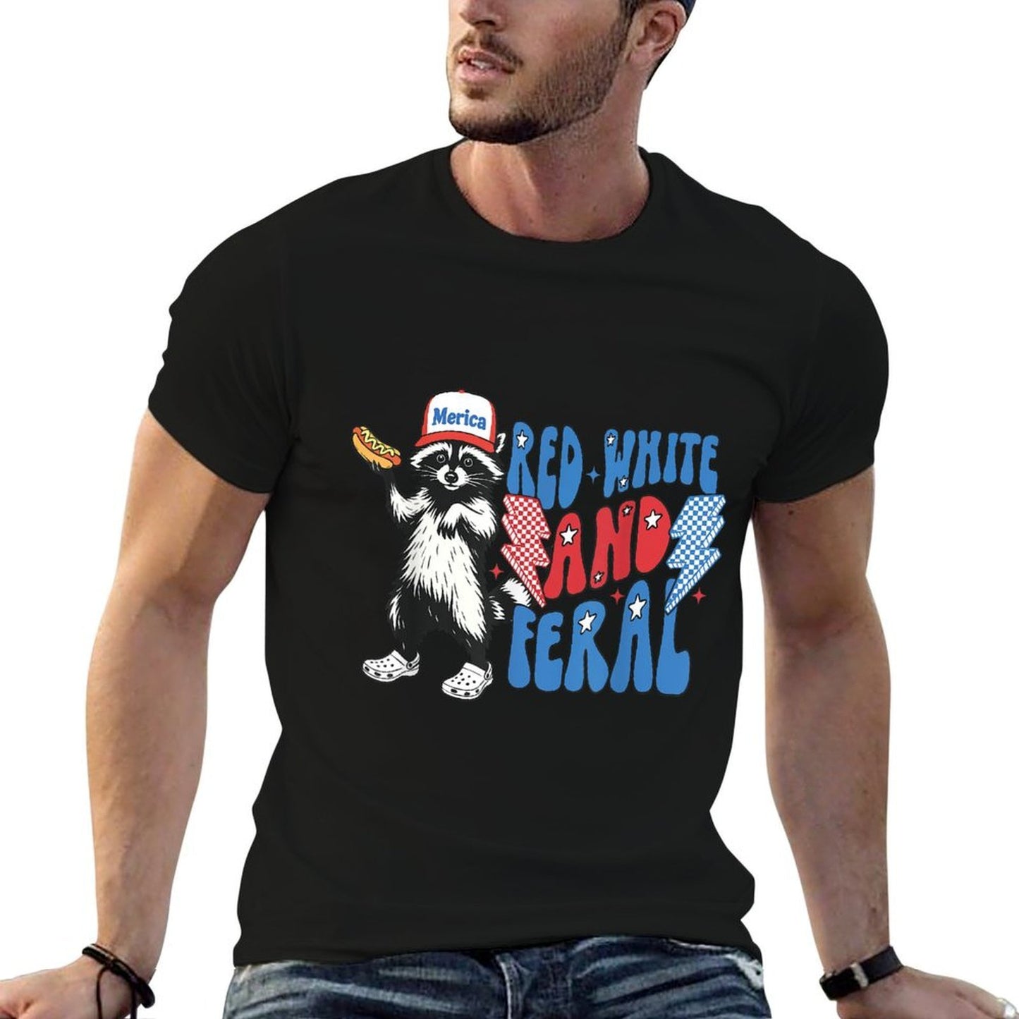 Red White And Feral Funny Raccoon 4th of July Patriotic  Versatile T-Shirt