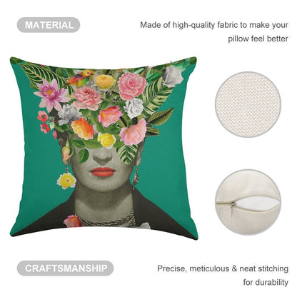 Frida Floral (Green) Linen Throw Pillow Cover