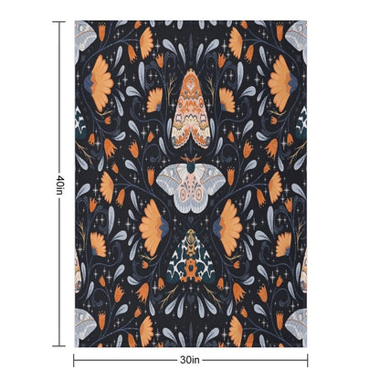 Floral Moths  Black Throw Blanket