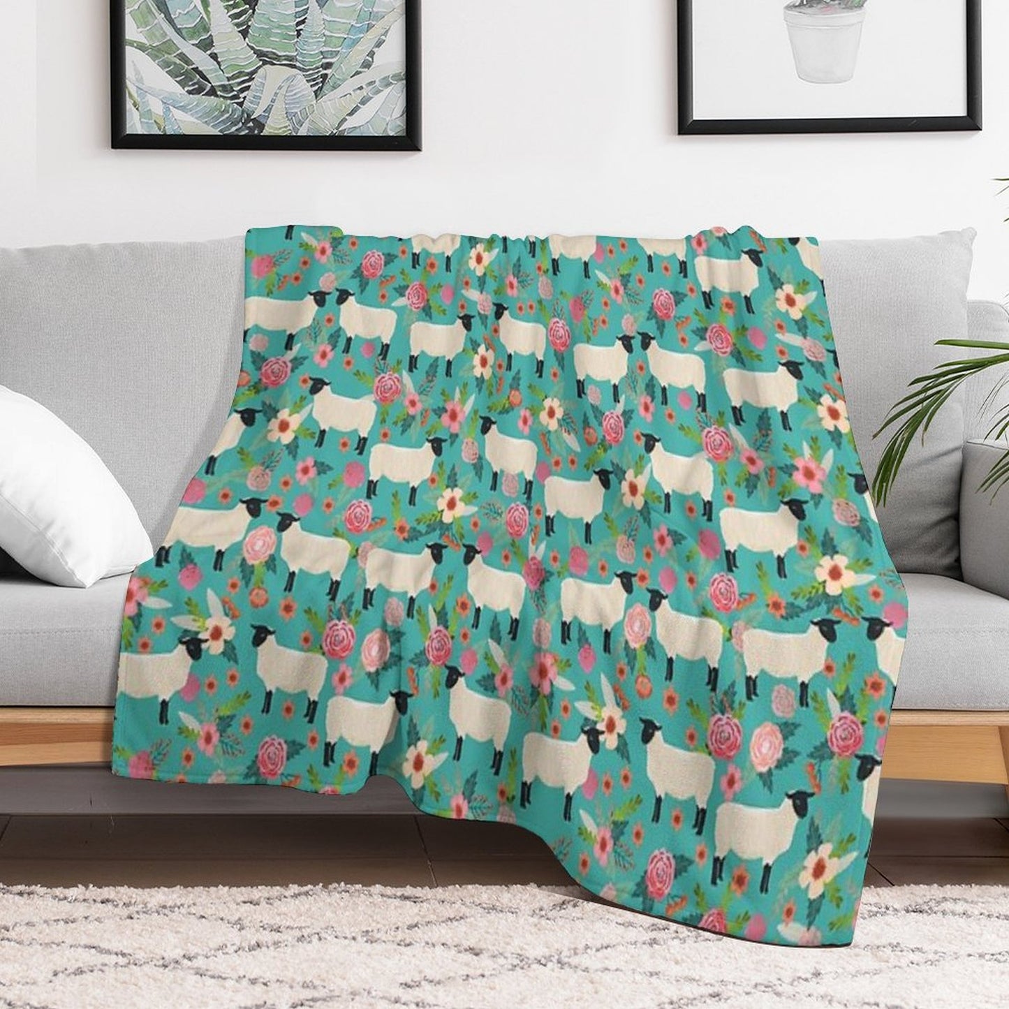 Sheep Farm Sanctuary Florals Pattern Cute Gifts for Animal Lovers Throw Blanket