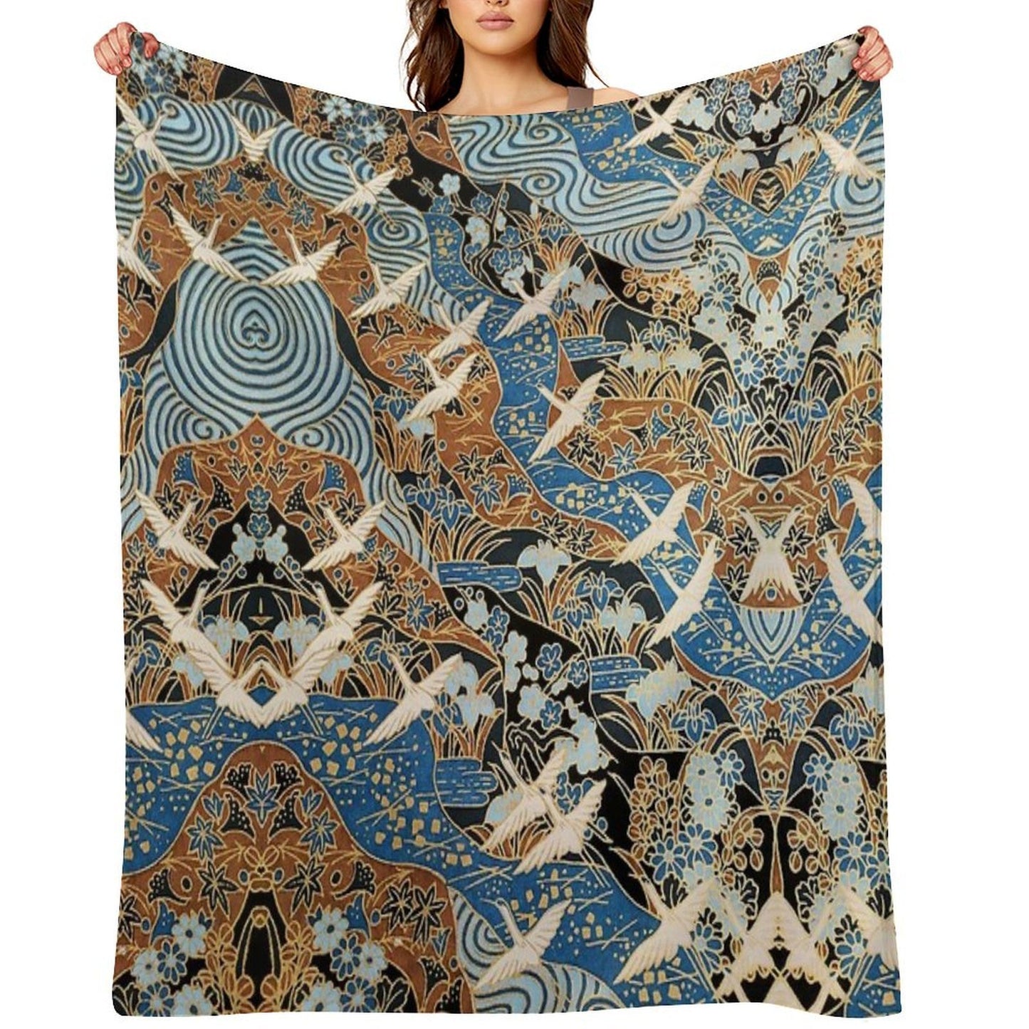 FLYING WHITE CRANES ON BLUE WATER AND SPRING FLOWERS  Antique Japanese Floral Throw Blanket