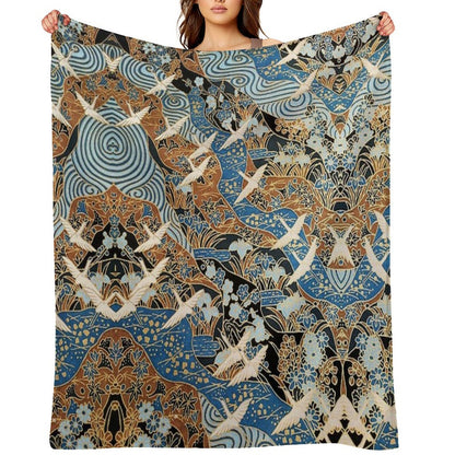 FLYING WHITE CRANES ON BLUE WATER AND SPRING FLOWERS  Antique Japanese Floral Throw Blanket