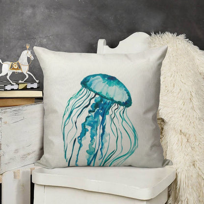 Watercolor Jellyfish Linen Throw Pillow Cover