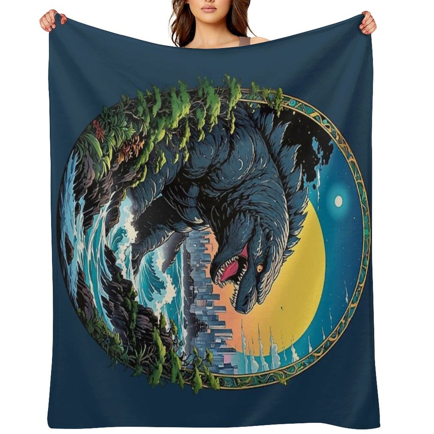 Godzilla Water Monster Gojira Retro Anime Japanese Art Throw Blanket