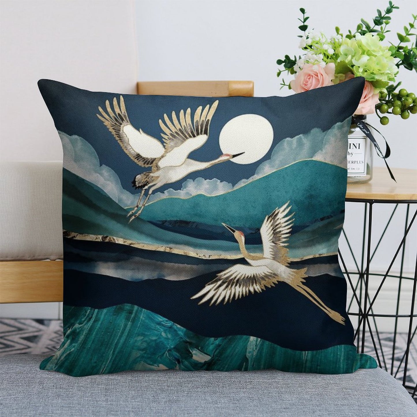 Midnight Cranes Linen Throw Pillow Cover