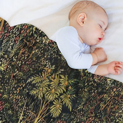 UNICORN IN CAPTIVITY AND GOTHIC FANTASY FLOWERS, GREEN FLORAL MOTIFS Throw Blanket