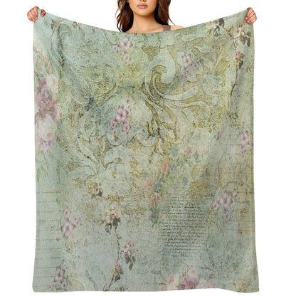Vintage French Floral Wallpaper Throw Blanket