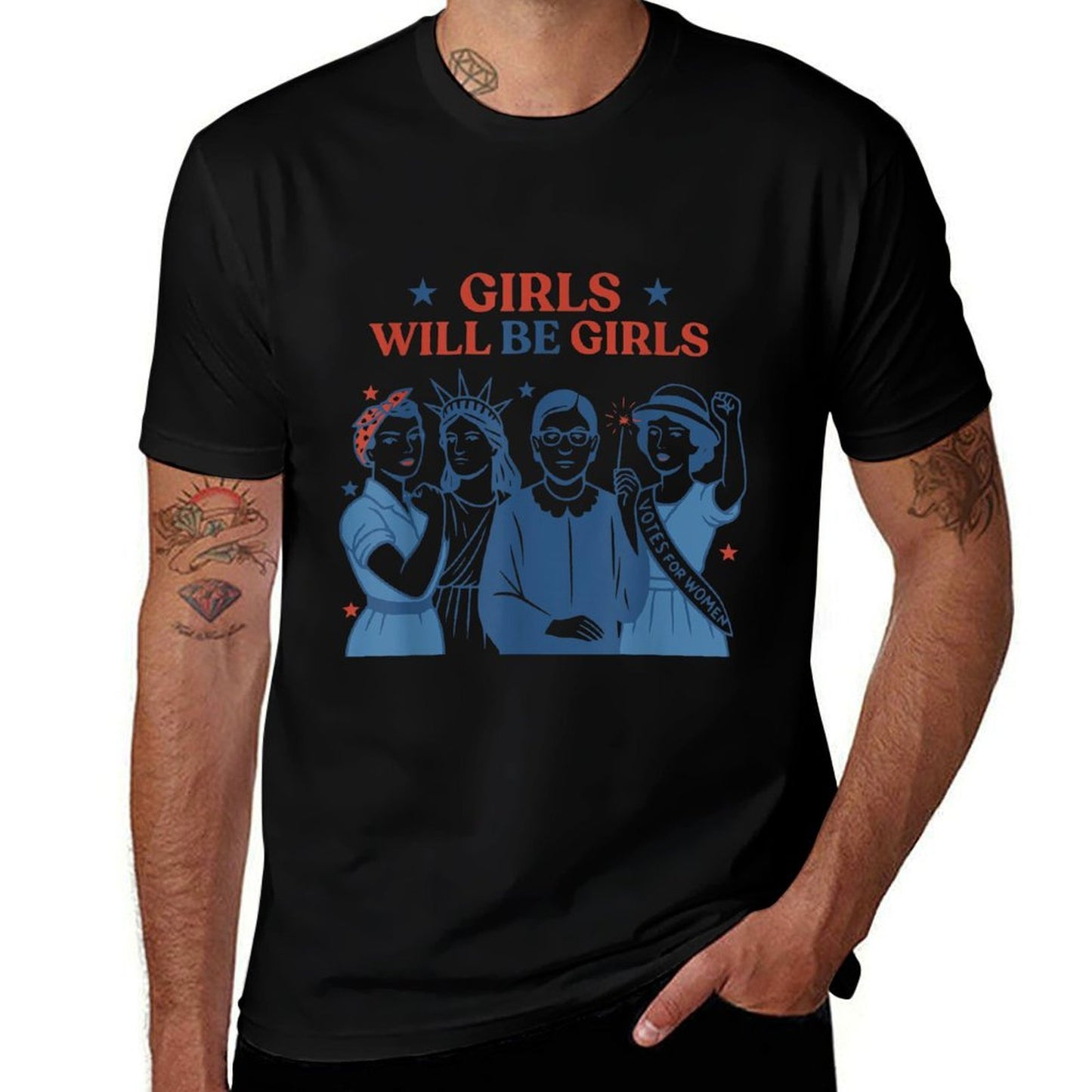 Girl Will Be Girls Patriotic Feminist 4th of July Womens  High-quality Stitching T-Shirt