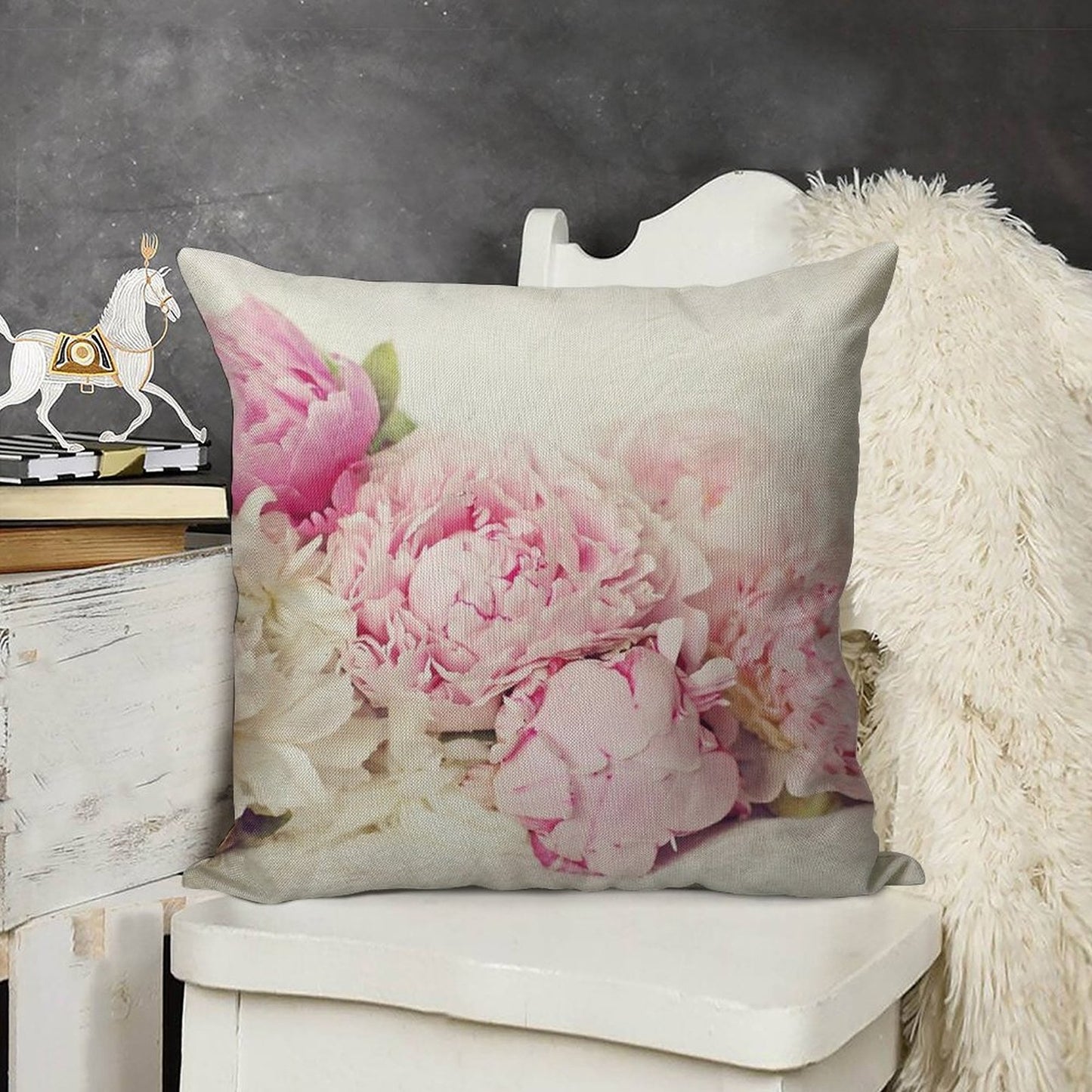 Peonies on White Linen Throw Pillow Cover