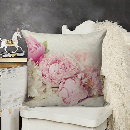 Peonies on White Linen Throw Pillow Cover