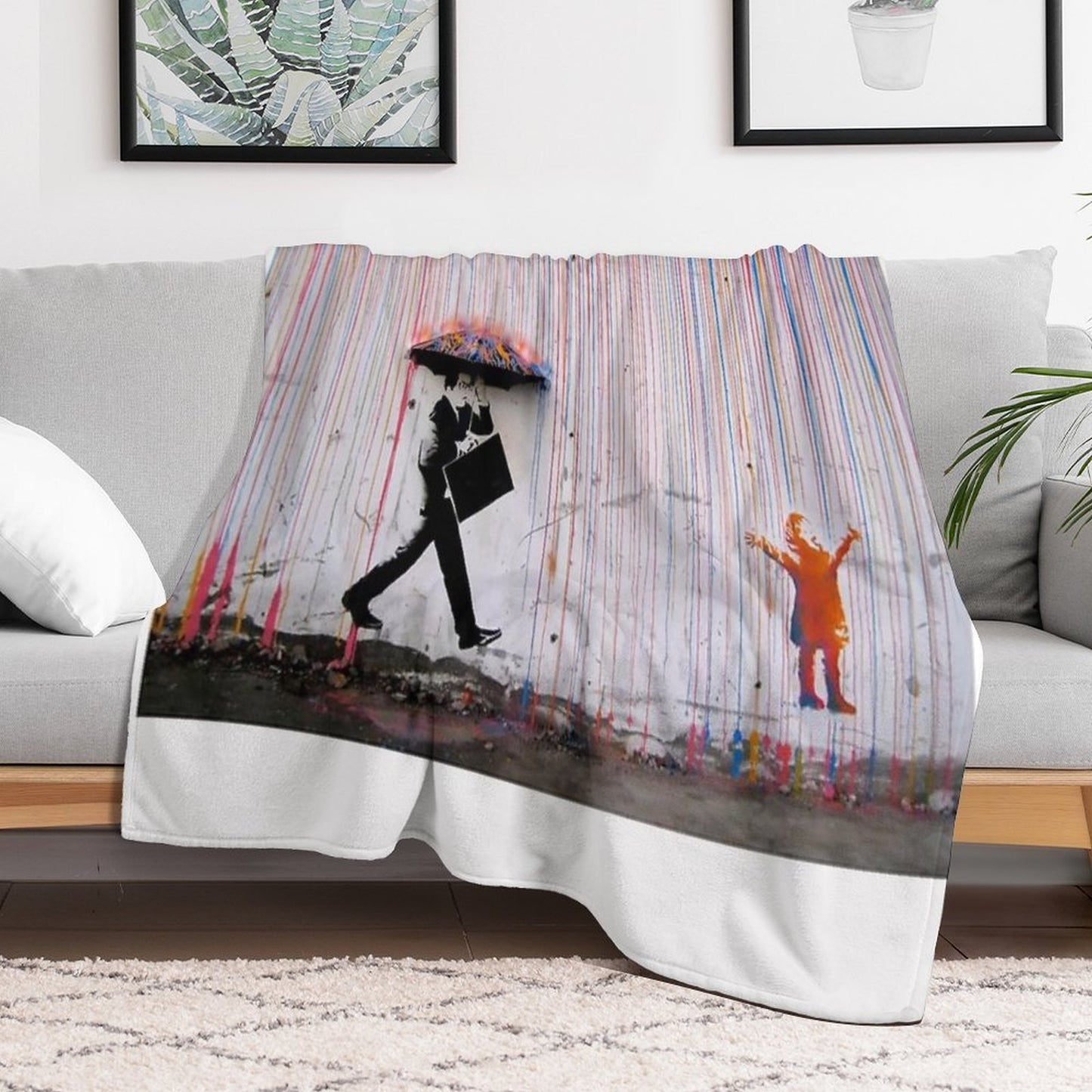 Banksy Umbrella Rainbow Happy Girl Throw Blanket