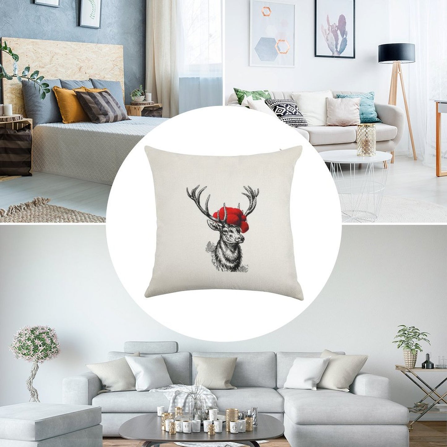 Deer with A Pollen Hat Linen Throw Pillow Cover