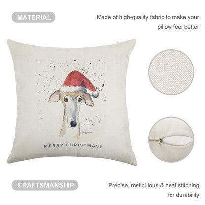 Galgo Espanol Christmas Hat Card, Brindle Greyhound Art Linen Throw Pillow Cover