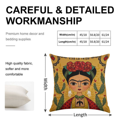 Frida Kahlo Illustration Linen Throw Pillow Cover