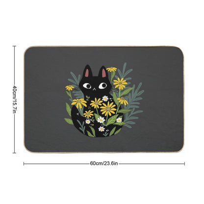 Black Cat with Flowers  Slip-Resistant Bath Mat
