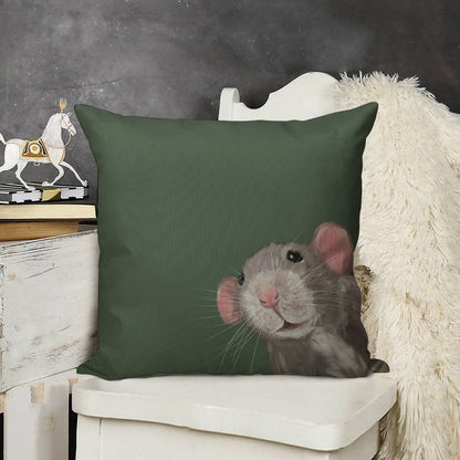 The Peeking Rat (Green) Linen Throw Pillow Cover
