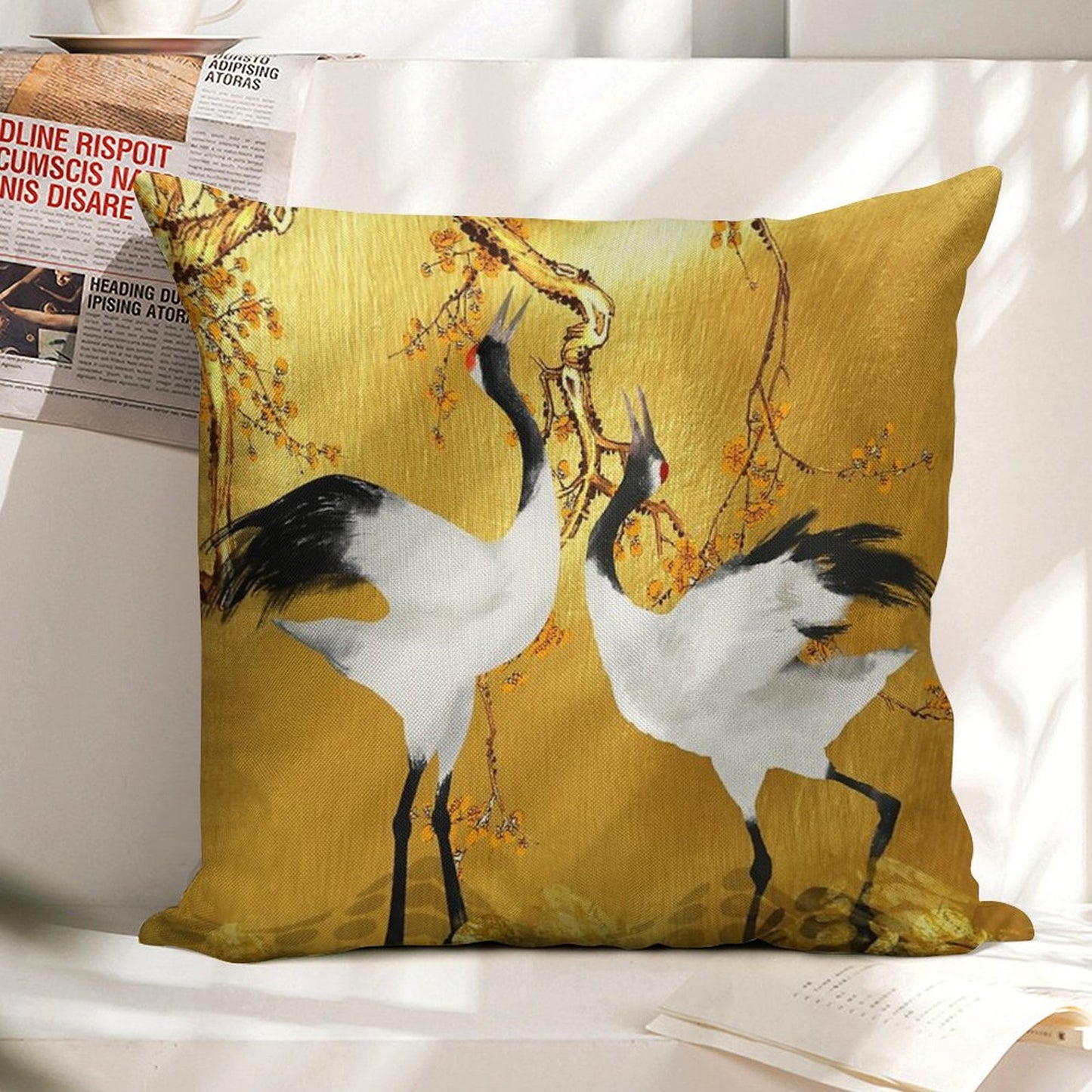 Golden Cranes Japanese Art Linen Throw Pillow Cover