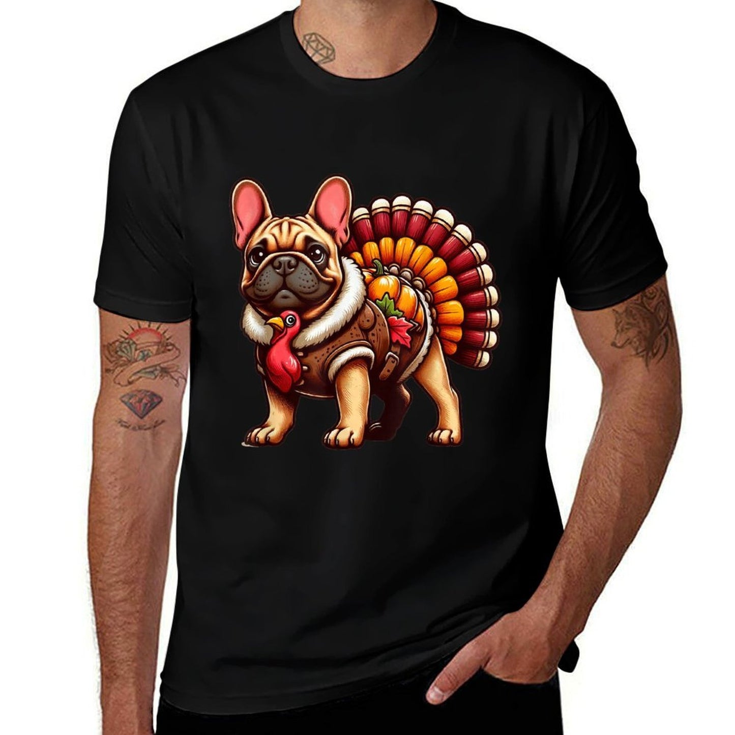 Cute Dog Frenchie Thanksgiving Kidsn Girl Boy  Polyester Blend T-Shirt