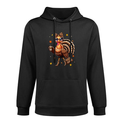 Leopard Turkey Drinking Coffee Thanksgiving Women Turkey Day Cotton-Polyester Blend Hoodie