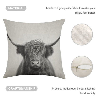 Highland Cow - Black & White Linen Throw Pillow Cover