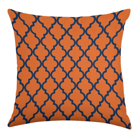 Moroccan Pattern Navy Blue & Orange Linen Throw Pillow Cover