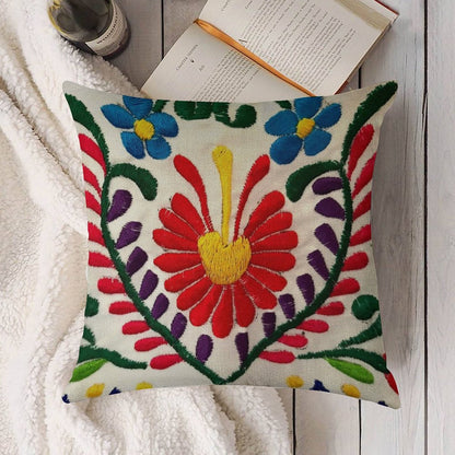 Mexican Flowers Linen Throw Pillow Cover