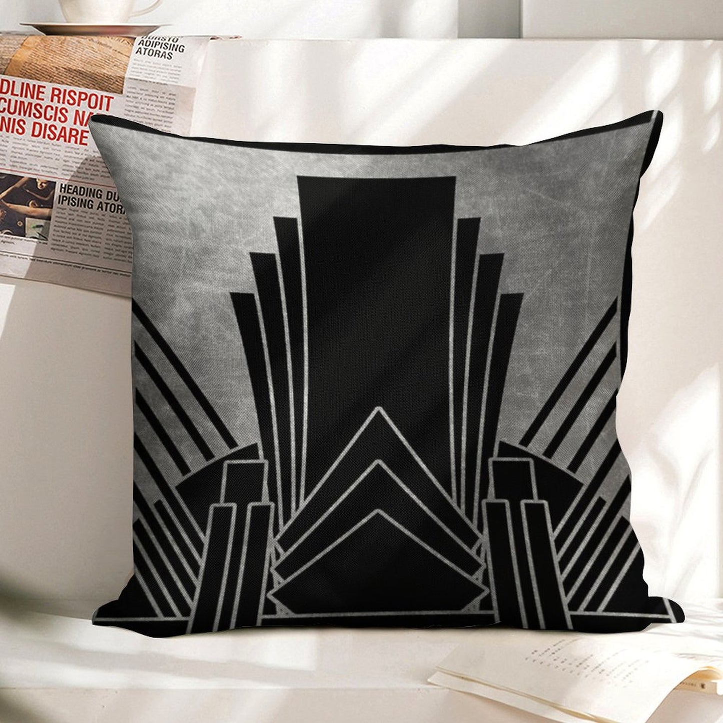 Silver Art Deco Design Linen Throw Pillow Cover