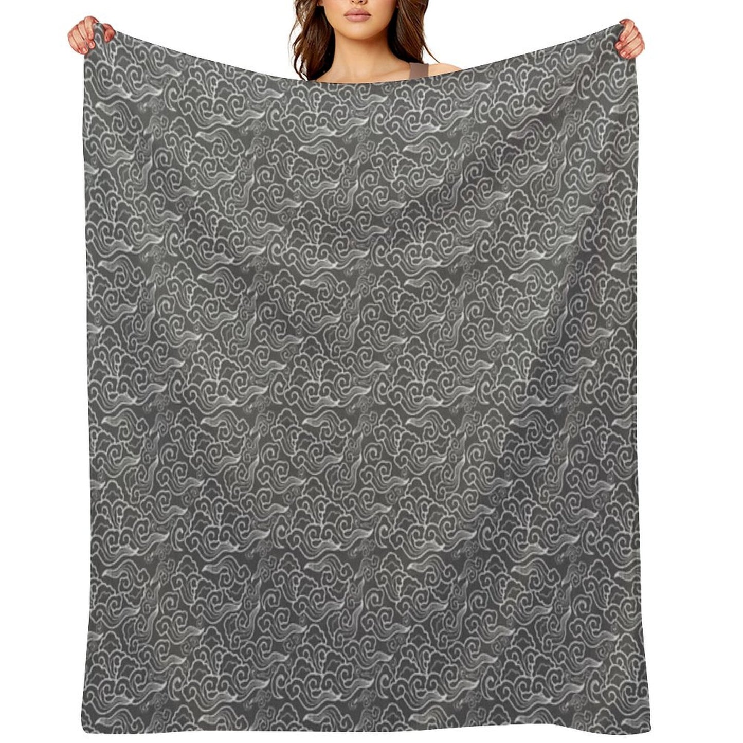 Vintage Japanese Clouds, Graphite Gray  Grey Throw Blanket