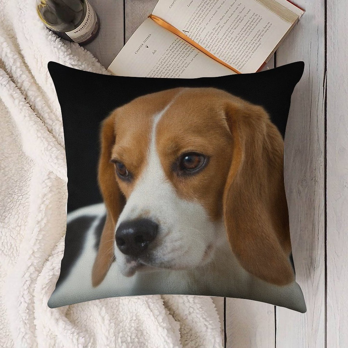 Beagle on The Black Linen Throw Pillow Cover