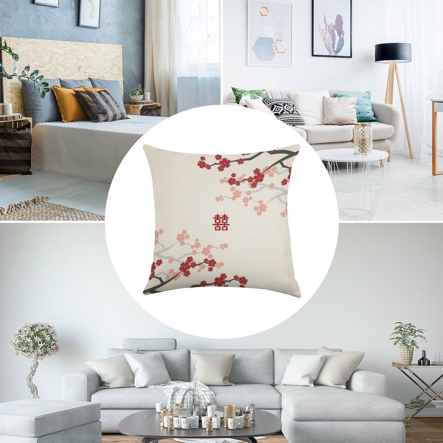 Red Oriental Cherry Blossoms on Ivory And Chinese Wedding Double Happiness  Japanese Sakura © Fatfatin Linen Throw Pillow Cover