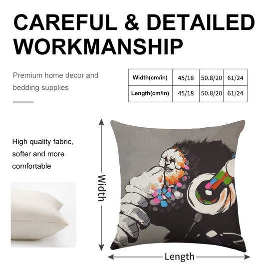 Banksy DJ Monkey Thinker with Headphones Linen Throw Pillow Cover