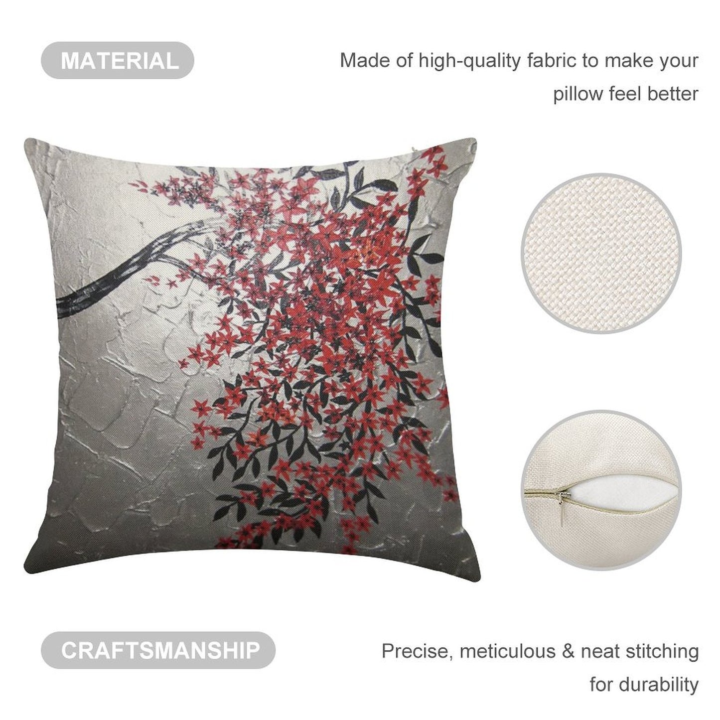 Red Black And Silver Cherry Blossom Tree Art Linen Throw Pillow Cover