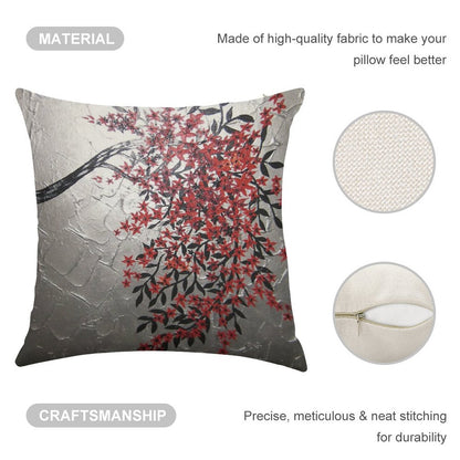 Red Black And Silver Cherry Blossom Tree Art Linen Throw Pillow Cover