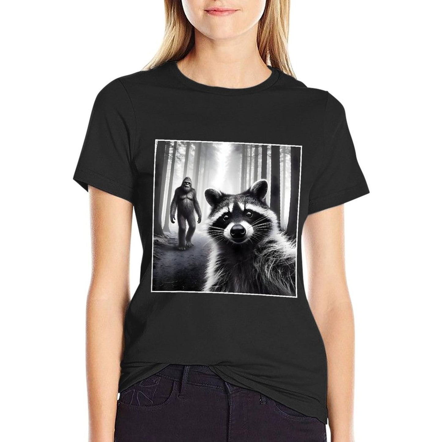 Scared Raccoon Selfie With Sasquatch Bigfoot Funny Raccoon T-Shirt
