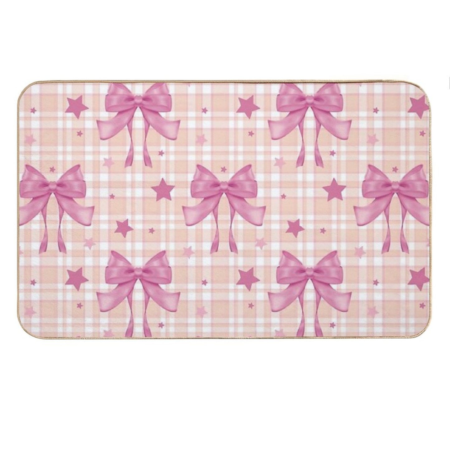 Pink Plaid, Bows And Stars Bath Mat