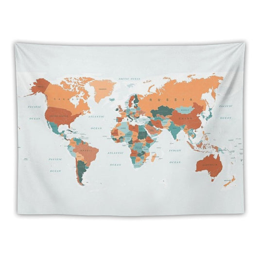 Map of The World in Burnt Orange And Teal Tapestry