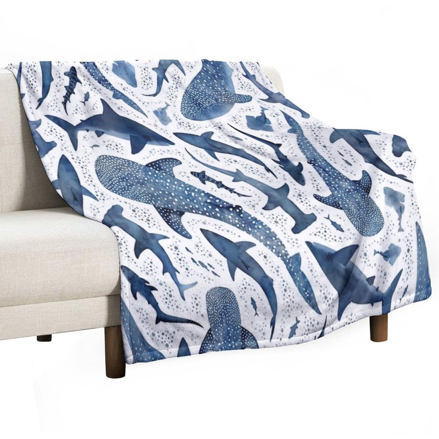 Monochrome Blue Watercolour Shark Ocean on White Throw Blanket