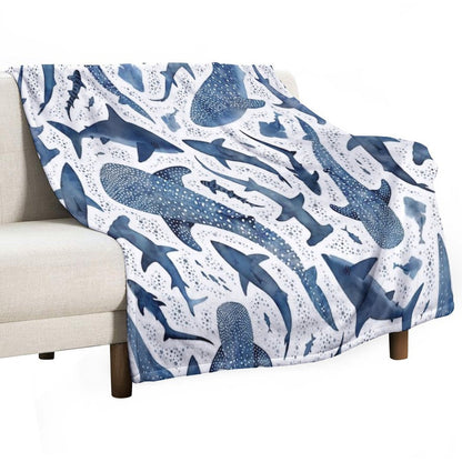Monochrome Blue Watercolour Shark Ocean on White Throw Blanket
