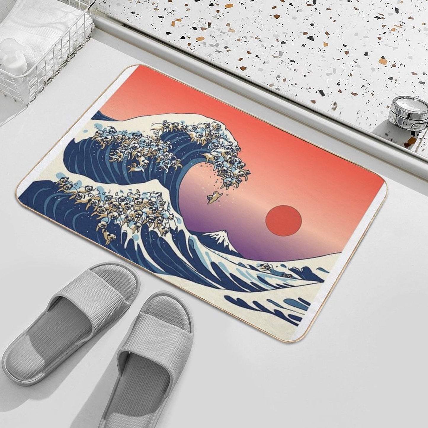 The Great Wave of Pug Bath Mat