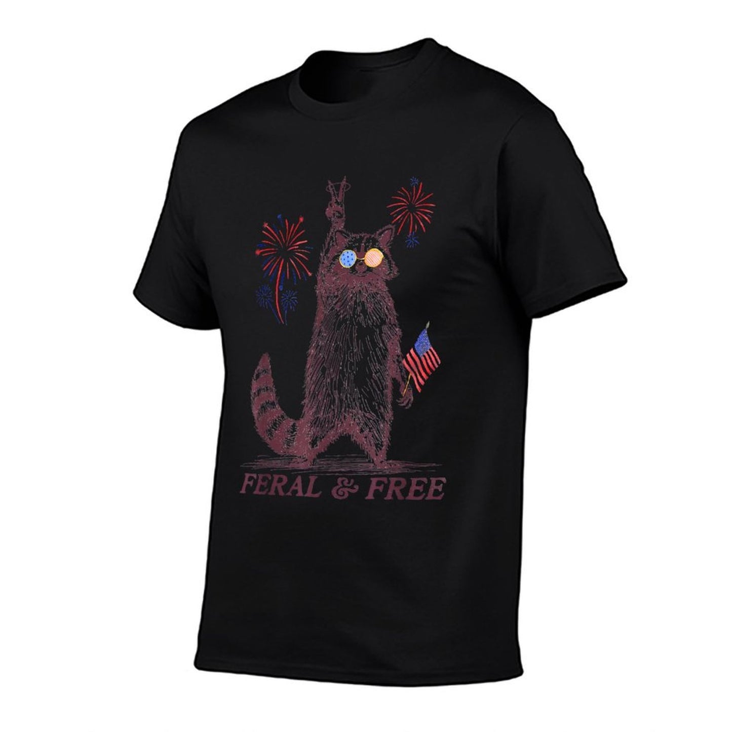 Feral & Free Funny Patriotic Racoon Feral And Free 4th July  Cotton T-Shirt