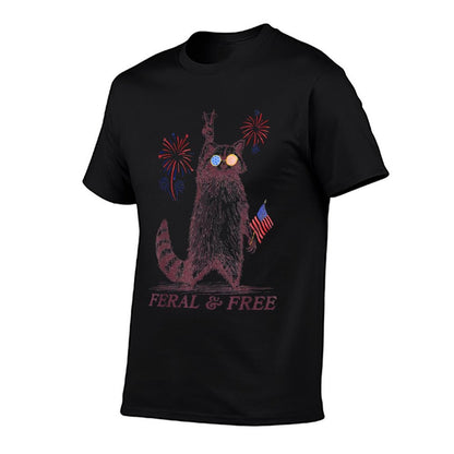 Feral & Free Funny Patriotic Racoon Feral And Free 4th July  Cotton T-Shirt
