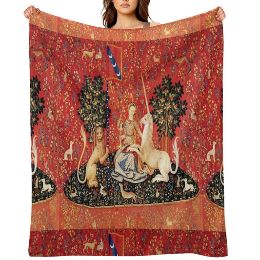 LADY AND UNICORN ,SIGHT  Red Green Fantasy Flowers,Animals Throw Blanket