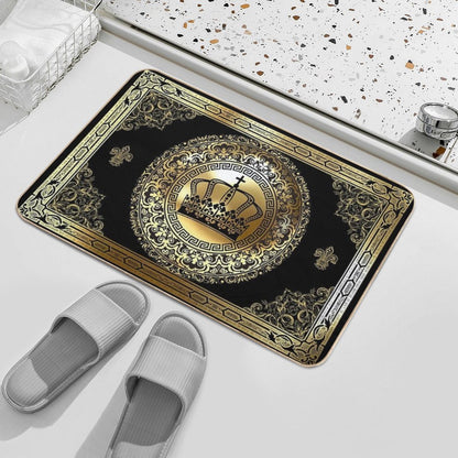 Ornate Baroque Crown Black Gold Greek Key Bath Mat