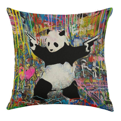 Panda With Guns Stick Em Up - Pop Street Art Banksy Linen Throw Pillow Cover