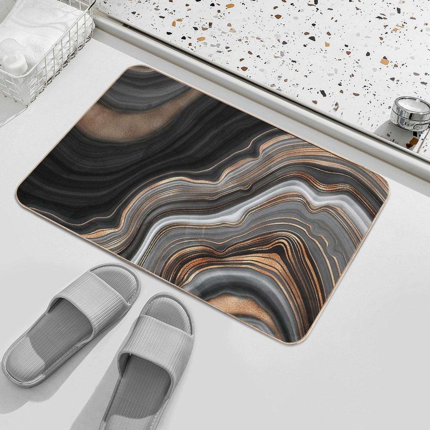 Elegant Black And Gray Faux Marble with Gold Veins Bath Mat