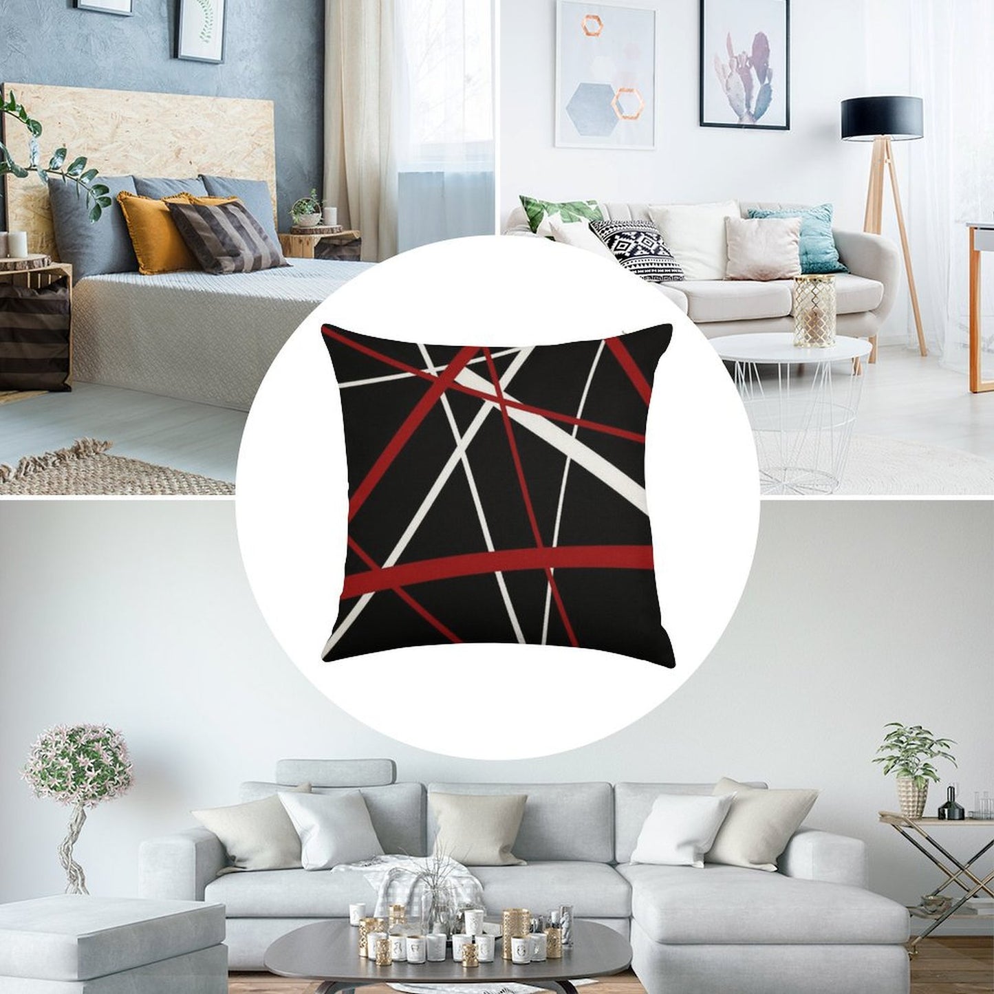 Red And White Strips Against A Black Background Linen Throw Pillow Cover