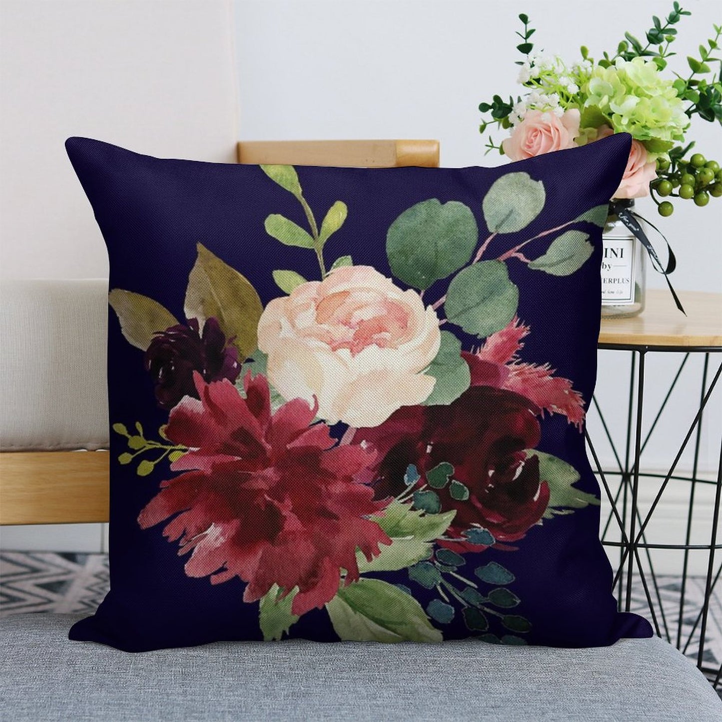 Navy, Burgundy And Blush Floral Art with Eucalyptus Linen Throw Pillow Cover