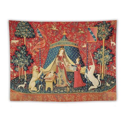 LADY AND THE UNICORN DESIRE ,Lion,Fantasy Flowers,Animals,Red Green Floral Tapestry Tapestry