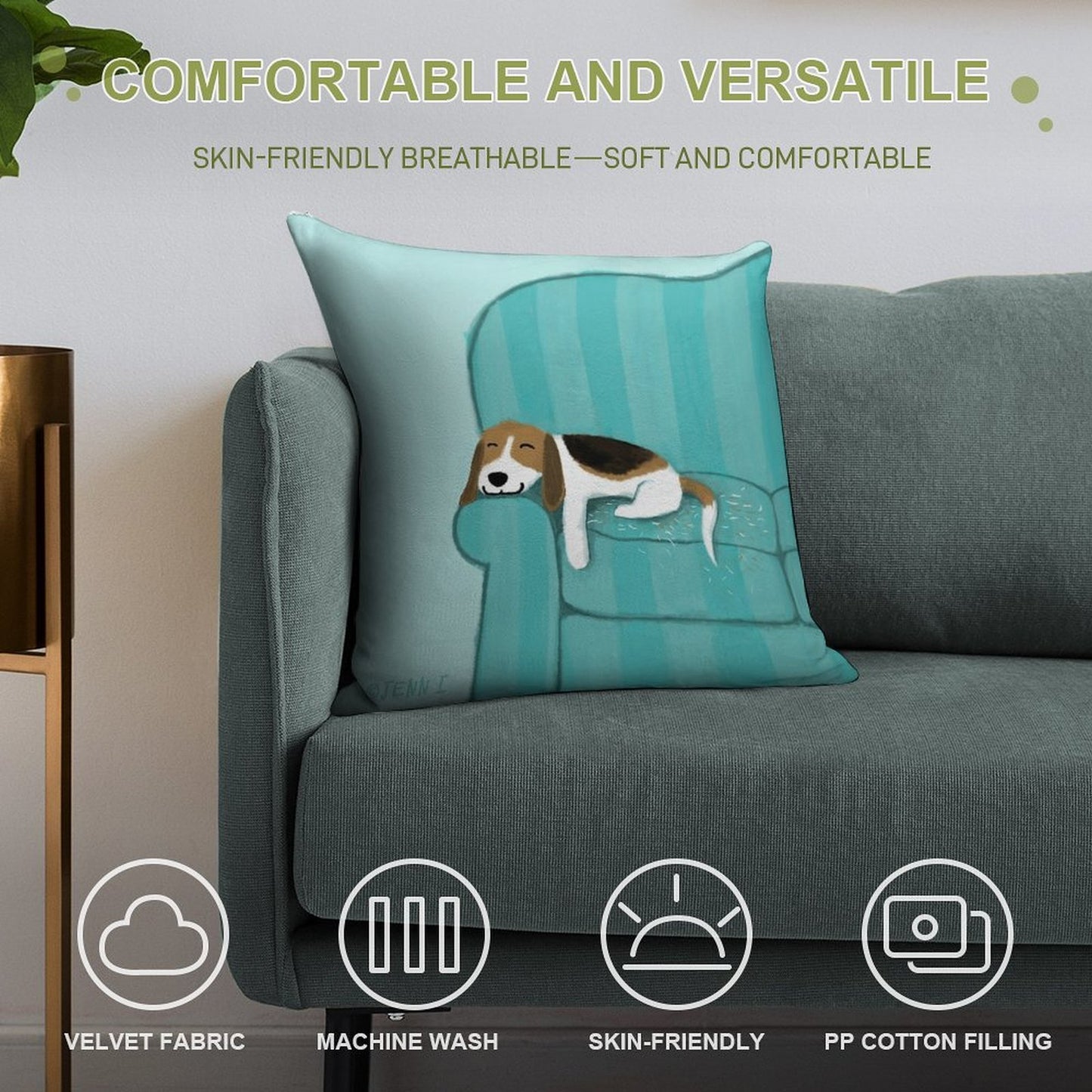 Happy Couch Dog  Cute Beagle Soft Washable Throw Pillow